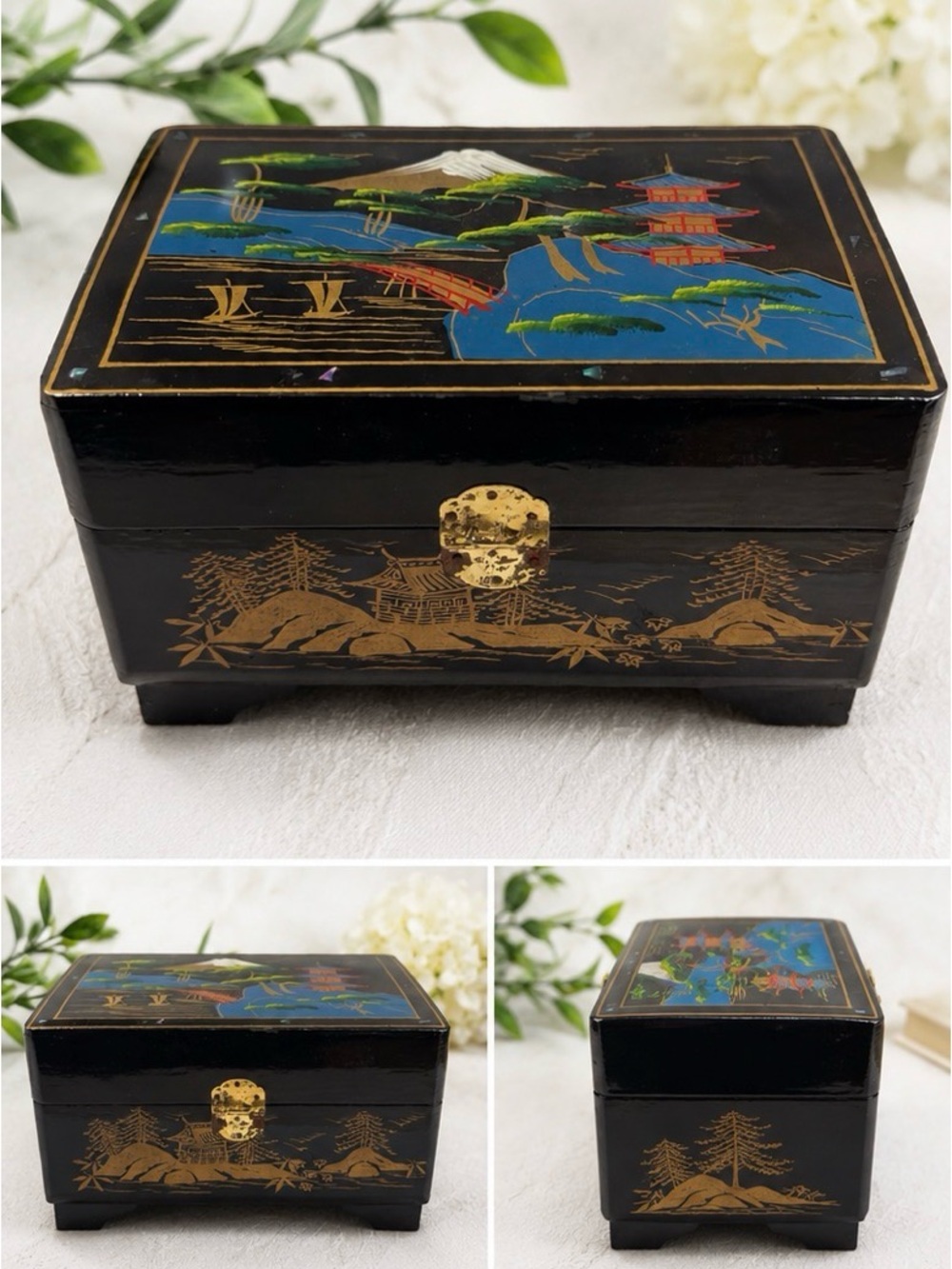 Vintage Toyo Japanese Lacquer Music Box - Dancing Geisha - Red Velvet Lined